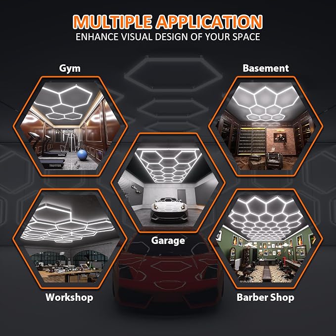 Black Hexagon Garage Lights 11 Hex, 6500K 38640 LM Super Bright Honeycomb LED Garage Ceiling Lights, Premium Car Detailing Lighting for Garage, Workshop, Gym, Barber Shop, Basement