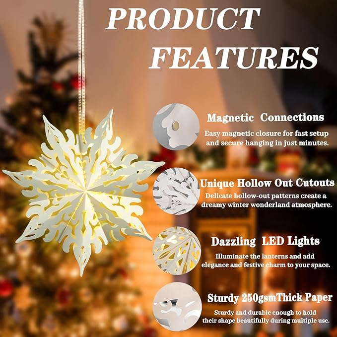 3Pcs Christmas Paper Snowflake Lanterns, Large Christmas Paper Star Lanterns with Lights & Banner White Hanging Snowflake Lamps for Xmas Winter Frozen Weddings Birthday Holiday Party Decorations