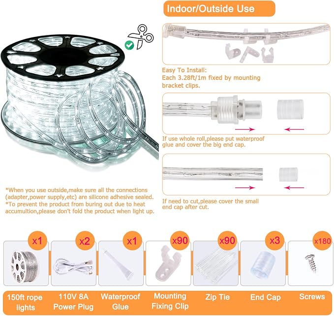 LED Rope Lights Outdoor Waterproof: 150FT LED Rope Lighting Dimmable - 110V 6500K Daylight White String Light Tube Cuttable Connectable for Garden Patio Party Indoor Decoration, Not Flat Strip