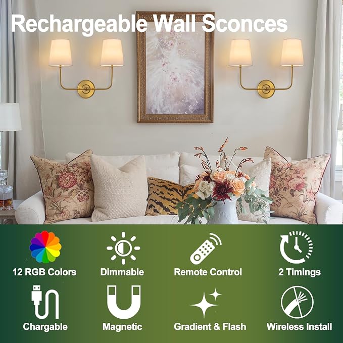 Battery Operated Double Wall Sconce, Cordless Rechargeable Battery Powered 2-Lights Fabric Sconces with Remote Control,Dimmable Sconce Wall Decor Lights for Vanity,Bedroom, Living Room