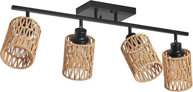 4 Light E26 Track Lighting Fixtures Ceiling Rattan Farmhouse Boho Ceiling Track Lighting, Directional Rotatable Modern Track Ceiling Light Fixtures for Kitchen Bedroom Hallway Porch Foyer