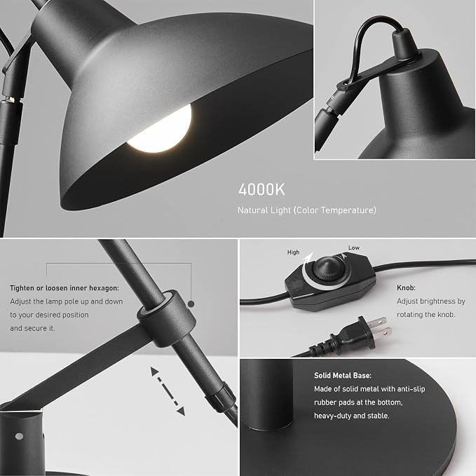 Desk Lamp Modern Industrial 100% Metal Adjustable Table Lamp 24", Natural Light (4000K) with Dimmer, Ideal for Office Bedroom Study Room Living Room Nightstand Bedside Lamps Sand Black