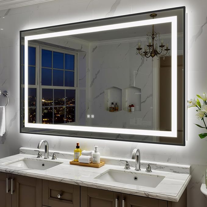 60X36 Inch LED Bathroom Mirror with Lights, Black Frame Frontlit+ Backlit Bathroom Vanity Mirror for Wall, Ultra-Clear Tempered Glass, Shatter-Proof, Anti-Fog and Memory Function, ETL Listed | Bathroom Vanity Mirror for Wall, Ultra-Clear Tempered Glass...