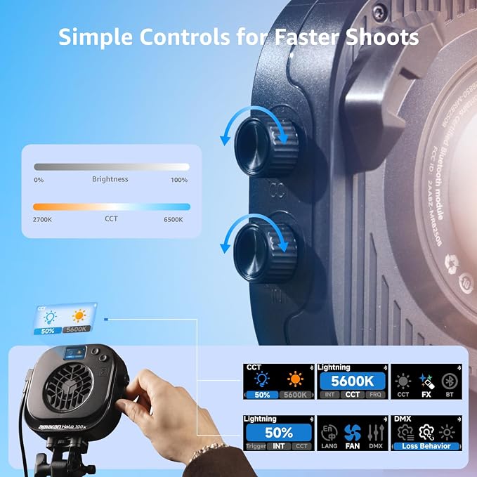 amaran Halo 100x Portable Video Light,100W Bi-Color COB Light | CRI 96+, TLCI 97+ APP Control 2,700K-6,500K Bowens Mount LED Studio Lighting for YouTube Vlog Recording Photography Light