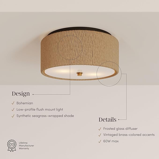Nathan James Juluca Boho Light Fixture, Flush Mount Ceiling Light with Frosted Glass Diffuser, Rustic Boho Ceiling Light with Seagrass Shade Set of 2