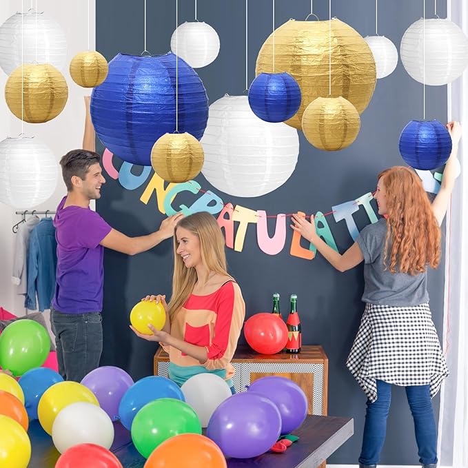 21 Pcs Navy Blue Paper Lanterns Party Decorations, 4/6/8/10 Inch Round Chinese Hanging Paper Lanterns for Wedding, Birthday, Baby Shower, Graduation, Classroom Ceiling Decorations Indoor Outdoor