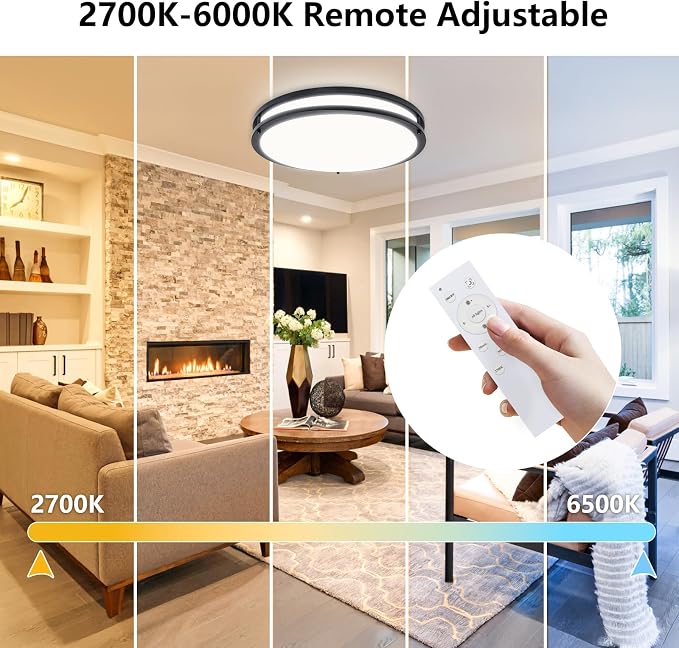 Flush Mount Ceiling Light - 2 Pack 60W 3000K/3500K/4000K/5000K/6000K Dimmable Led Ceiling Light Fixture for Kitchen Hallway Bedroom Bathroom (2, Black, 17.5 Inch)