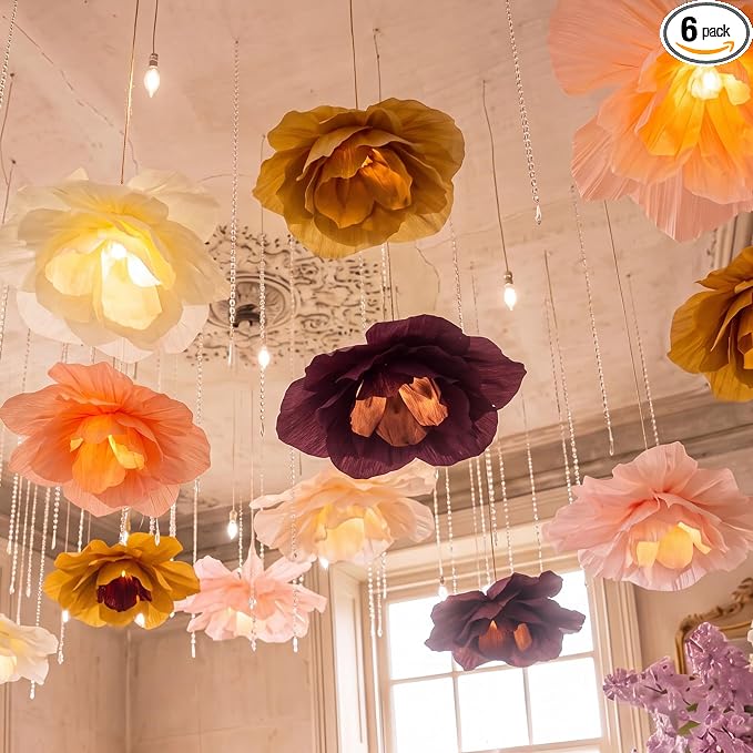 6 Pcs Large Fall Flower Paper Lanterns Decorations 15.7 Inch Boho Tissue Paper Flower with LED Light for Thanksgiving Fall Party Decoration Floral Pendant Lamps for Brithday Bridal Baby Shower