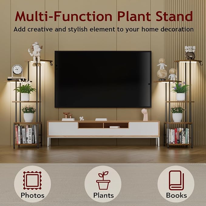 Plant Stand Indoor with Grow Light - 5-Tier Metal Plant Shelf with Hanging Basket Hook, Corner Tall Flower Holder for Multiple Plants, Living Room Balcony Garden Patio, Rustic Brown