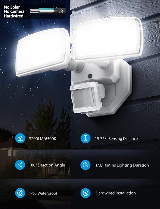 Onforu 32W 2 Head Motion Sensor Outdoor Lights, 3200LM 6500K LED Security Light, Dusk to Dawn, Motion Detector Light for Outside, 2 Pack IP65 Waterproof Flood Lights for Garage, Yard(White)
