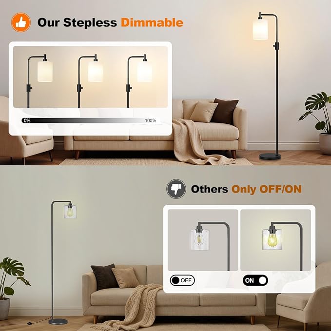 【Upgraded】 Dimmable Floor Lamp for Living Room with Opal Glass Lamphade, Black Modern Glass Floor Lamp with 900LM LED Bulb Included, Arc Standing Tall Lamp for Bedroom, Office, Reading Room, Corner