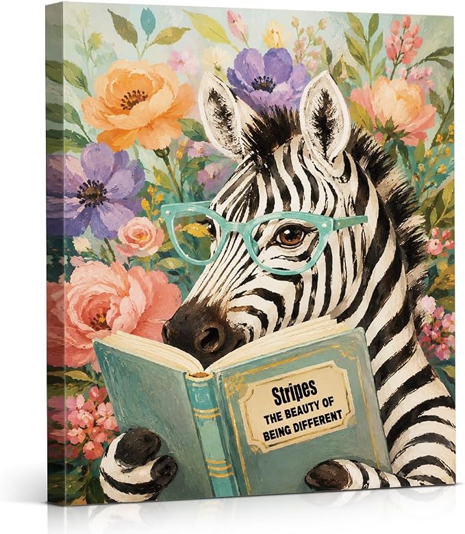 NSFBESSLIA Funny Reading Zebra Painting, Whimsical Floral Animal Decor, Stripes The Beauty of Being Different, Cottagecore Wall Art for Living Room Bedroom Entryway, 8x10 Inch
