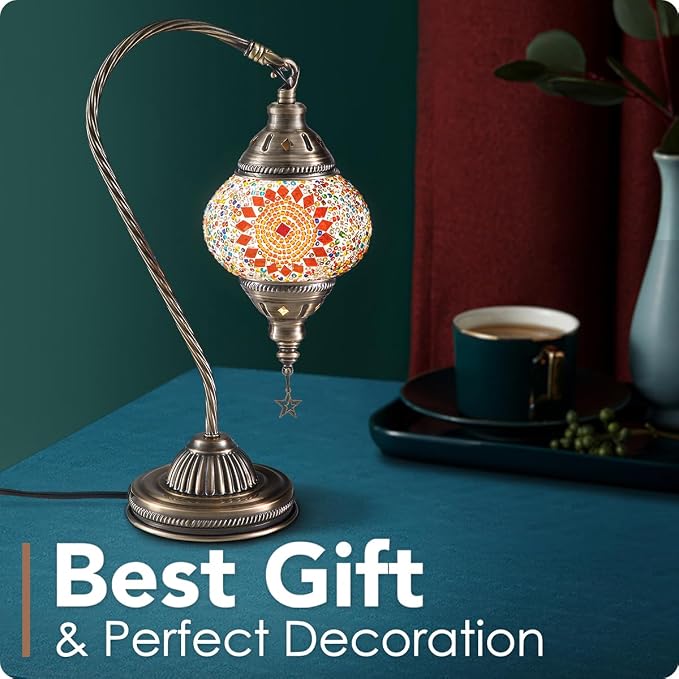 Yarra-Decor Turkish Moroccan Lamp with Bronze Base 3 Color Options Handmade Swan Neck Mosaic Glass Bedside Lamps for Bedroom (LED Bulb Included)(Orange1)
