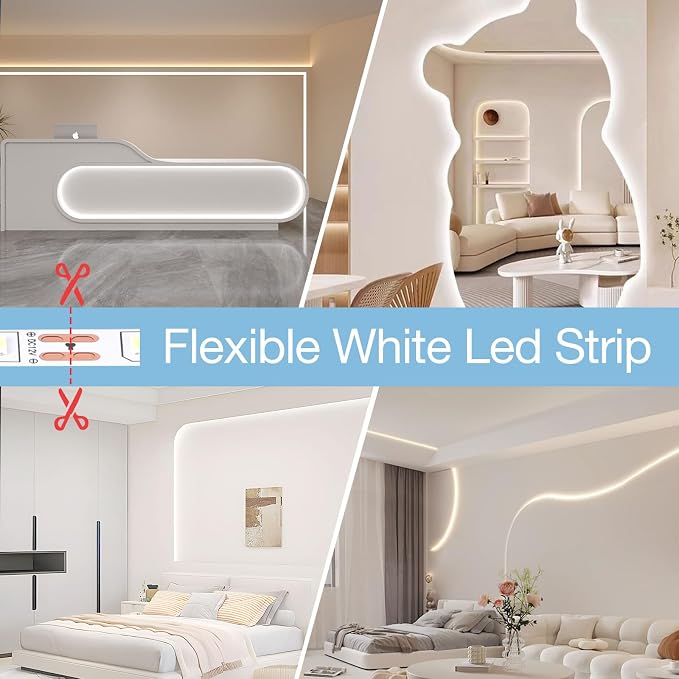 49.2ft USB LED Light Strip White with Battery Box (Batteries Not Included), Daylight LED White Strip Lights Cuttable LEDs for Bedroom, Mirror, Party, Camping, Birthday, Christmas, 8.2ft x 6
