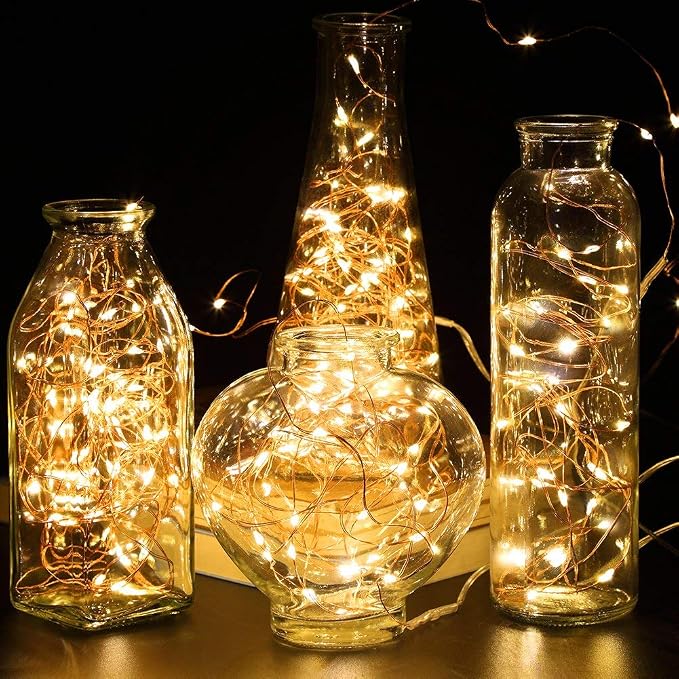 WSgift 4 Pack 33Ft 100 Warm White Led Fairy Lights Battery Operated with Remote Control Timer Waterproof Silver Copper Wire Twinkle Lights