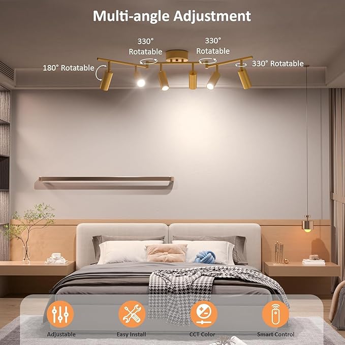 2-Pack 6 Light Heads Gold Track Lighting Kit, 36W 2700K-6000K & Brightness Dimming, Modern LED Ceiling Light Fixture with Flexible Rotatable Heads, APP/Remote/Alexa Control, Gold Kitchen Light Fixture