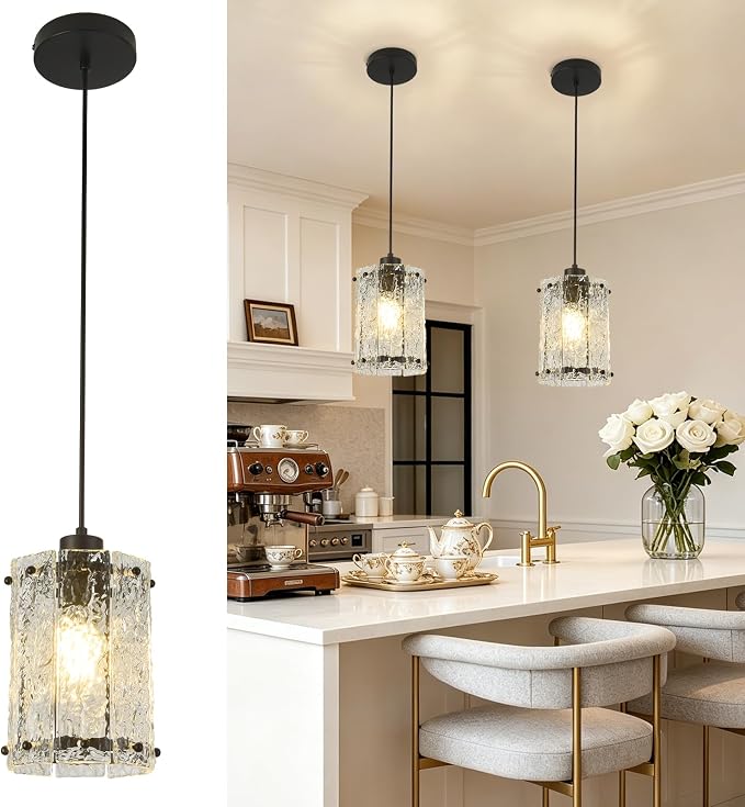 Black Pendant Lights Kitchen Island 1 Pack Modern Water Ripple Glass Pendant Lights Fixtures Round Adjustable Hanging Pendant Lighting for Kitchen Island Dining Room Over Sink Table Entryway