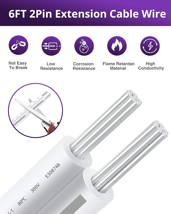 HitLights Extension Cable Wire Cord LED Strip Connectors 2Pcs 6FT 10mm 2 Pin Led Light Strip Jumper Connectors for Led Strips Single Color SMD 2835 5050 COB LED Strip Lights