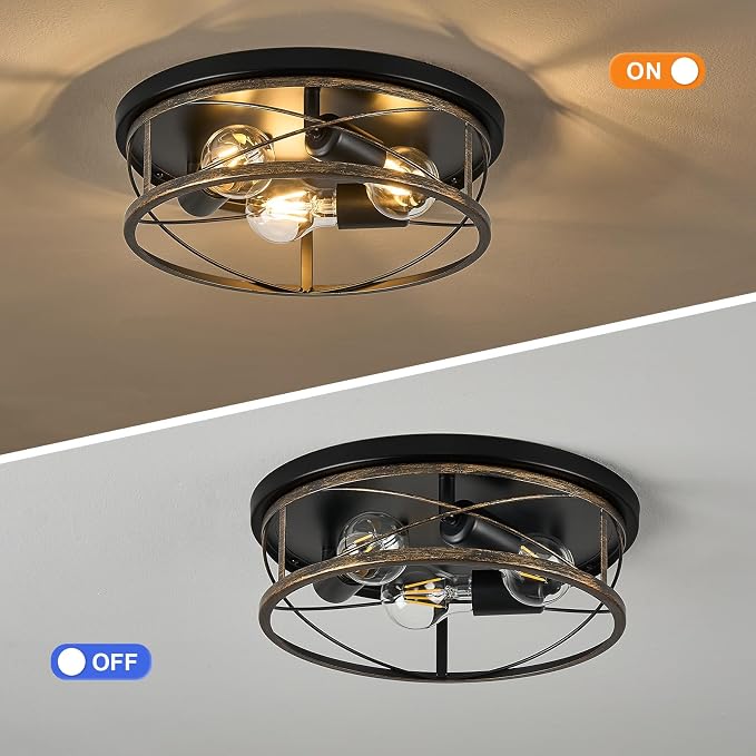 Farmhouse Light Fixtures, Rustic Black Round Metal Flush Mount Ceiling Light, 3-Light Cage Ceiling Lamp for Kitchen, Foyer, Bedroom, Hallway（Bulbs Not Included）