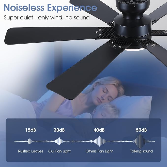 Asyko 52" Black Modern Low Profile Ceiling Fan with LED Light and Remote | Super Large Airflow with 6 Wind Speeds, Reversible, Dimmable 3 CCT LED Light, Noiseless 30W DC Motor,for Bedroom Kitchen