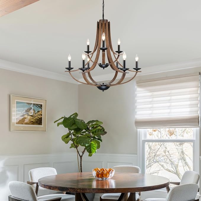 LAMPKEDUO Farmhouse Chandeliers for Dining Room Light Fixture,2 Tier 9-Light 31" Adjustable Height Retro Faux Wood Texture Rustic Light Fixtures for Living Room Bedroom Foyer Entryway
