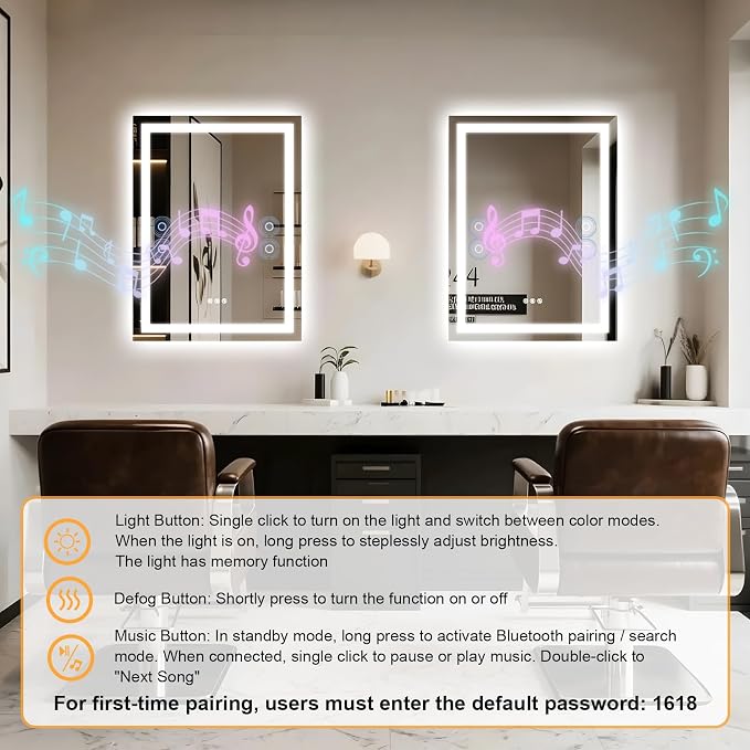 24"x32" LED Bathroom Mirror with Lights,Bluetooth Dual Speaker | Anti-Fog,3 Color Temperature,Dimmable Brightness,Memory Function,Waterproof,Wall Mount Design,Tempered Glass