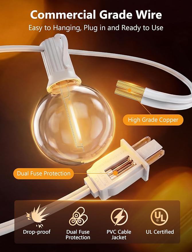 25Ft G40 LED White Outdoor String Lights with 27 Shatterproof Globe Bulbs | IP65 Waterproof Patio Lights Plug In, 2700K Warm White, Connectable Hanging Outdoor Lights for Backyard Wedding Party Bistro