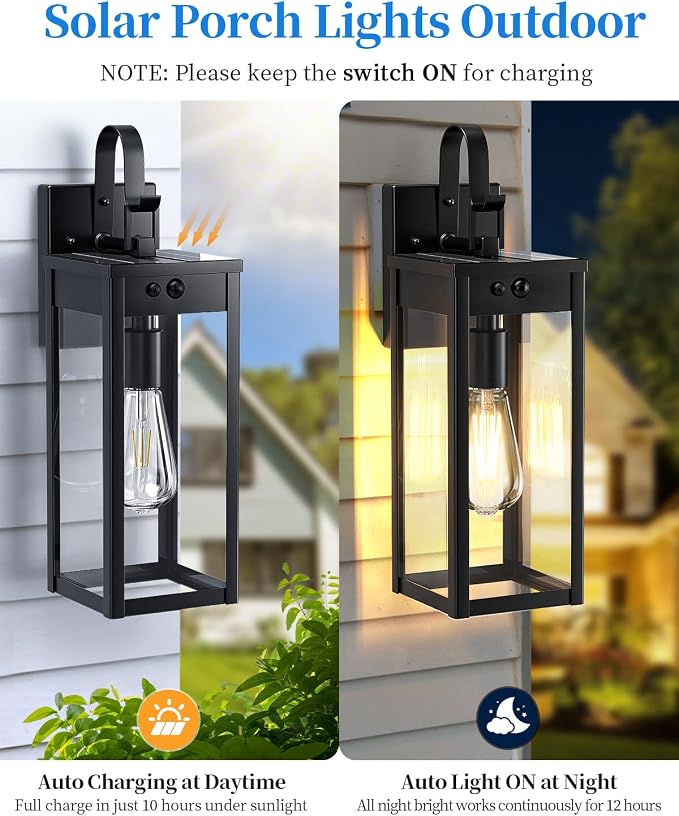 17" Solar Porch Lights Outdoor, with Motion Sensor, 2 Packs, Black | Waterproof, Motion Sensor, Dusk to Dawn, Modern Wall Sconce Lantern, For House Patio Garage