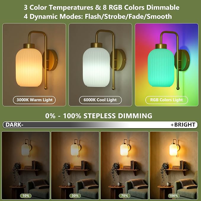 LAMSU Vintage Battery Operated Wall Sconces Set of 2, Wireless Wall Lights with Cream Glass Shade, Remote and Color Temperature Bulb, Gold Rechargeable Cordless Wall Lamps for Bedroom Living Room