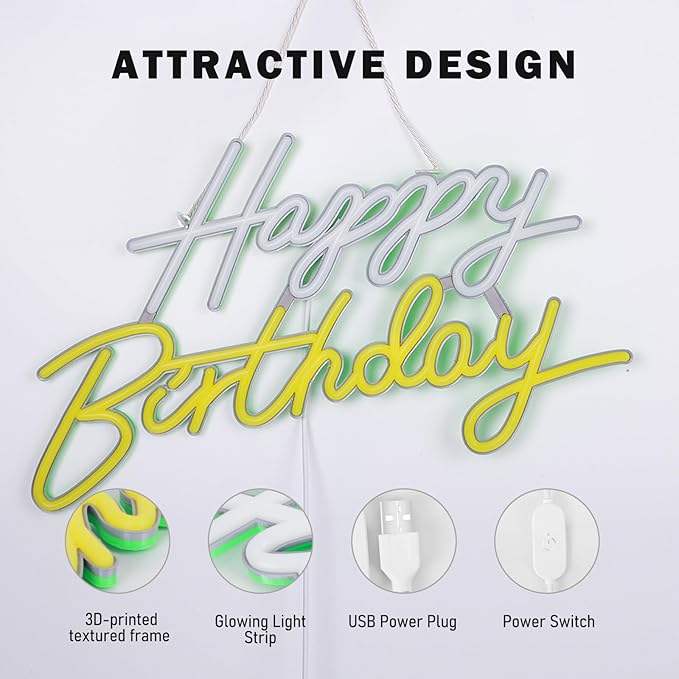 Happy Birthday Neon Sign, Neon Sign for Wall Decor, USB Powered Dimmable Neon Light, LED Happy Birthday Light Up Sign for Party, Perfect for Backdrop Birthday Party Decoration, White and Yellow
