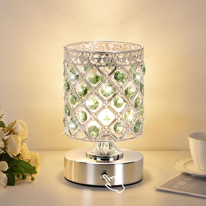 Green Crystal Rechargeable Cordless Table Lamp, Touch Small Desk Lamp | 6000mAh Battery, 3 Color Temps, Stepless Dimming, USB Charging, Portable Wireless Night Light for Bar Bedroom Living Room