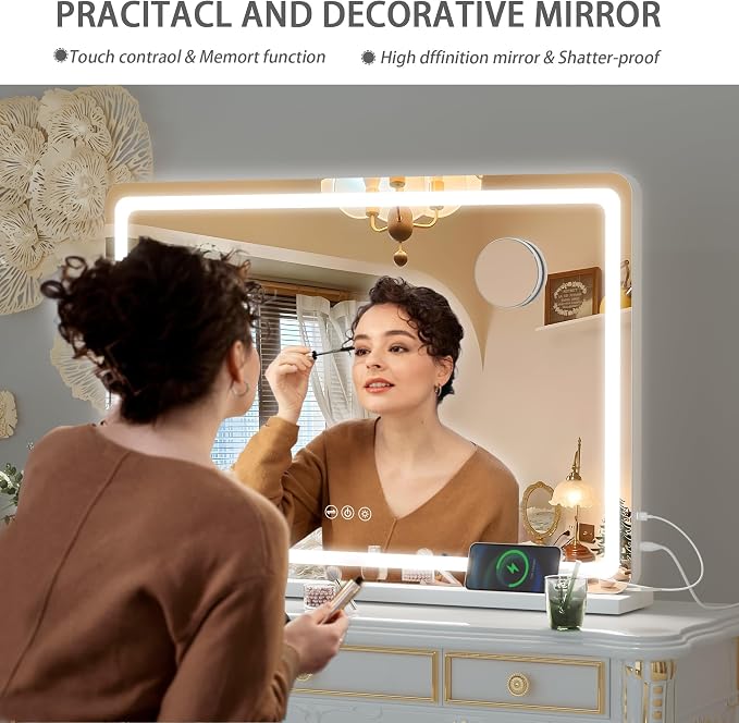 Hasipu Vanity Mirror with Lights, 31.5" x 22.4" LED Makeup Mirror, Lighted Makeup Mirror with Dimmable 3 Modes