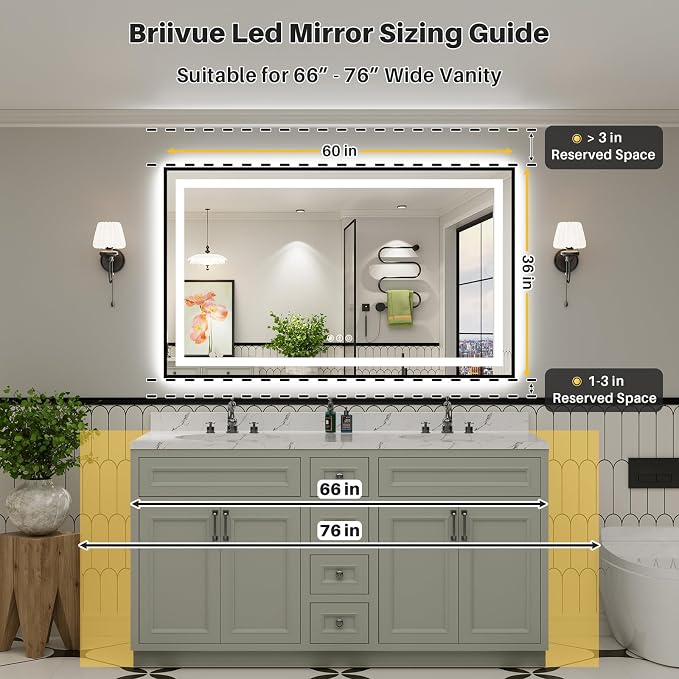 60x36 Inch LED Bathroom Mirror with Black Frame, Backlit & Front Lit | Anti-fog, 3 Color Dimmable, Memory Function, HD Reflection Tempered Glass, ETL Listed, IP54 Waterproof
