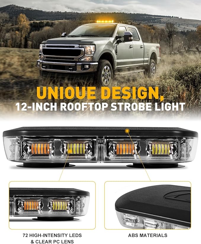 HLauto 700A Rooftop Emergency Strobe Lights Bar, 72 LED Amber Mini Beacon Safety Flashing Warning Traffic Lights Bar w/Magnetic Base for 12-24V Trucks, Construction Vehicles, Snowplow, Cars