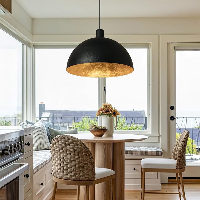 Black and Gold Dome Pendant Light, 20 Inch Large Dome Chandelier Industrial Fixture with Gold Leaf Interior for Dining Room, Kitchen Island, Bar or loft.