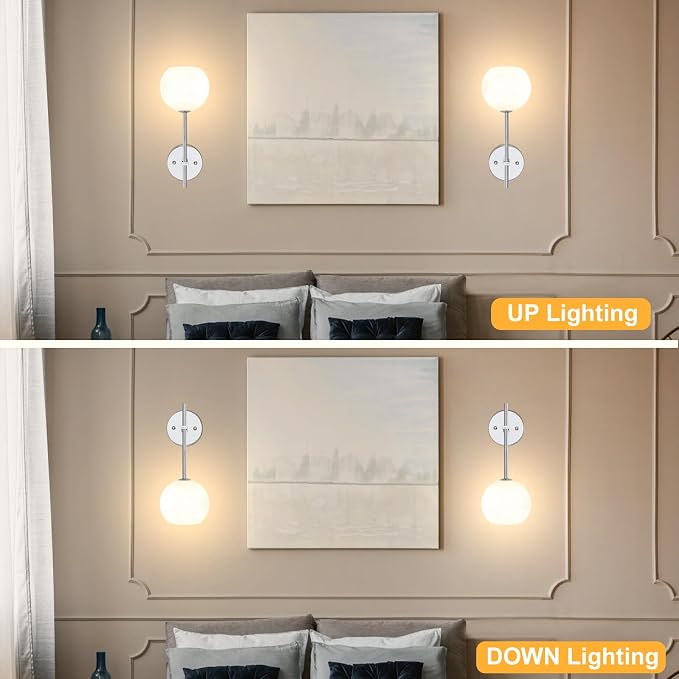 Chrome Battery Operated Wall Sconces Set of 2, Rechargeable Wireless Wall Lights with Milky White Frosted Glass, 12 RGB and 3CCT Dimmable, Wall Lamps with Remote for Bedroom Living Room Hallway