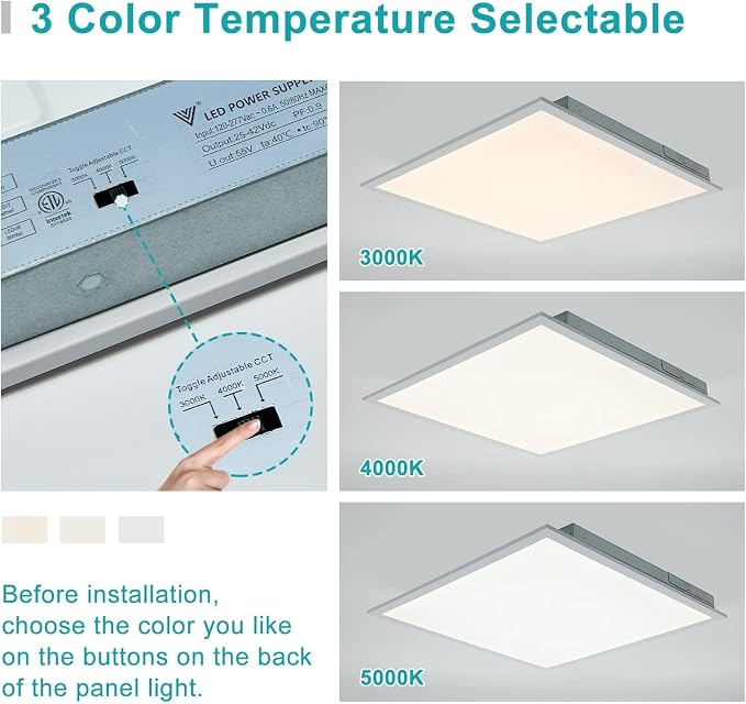 24-Pack 2x2 LED Flat Panel Light Drop Ceiling Fixture, 3CCT Selectable (3000K/4000K/5000K) & 40W 30W 20W Switchable, 0-10V Dimmable, 100-277Vac, ETL & DLC
