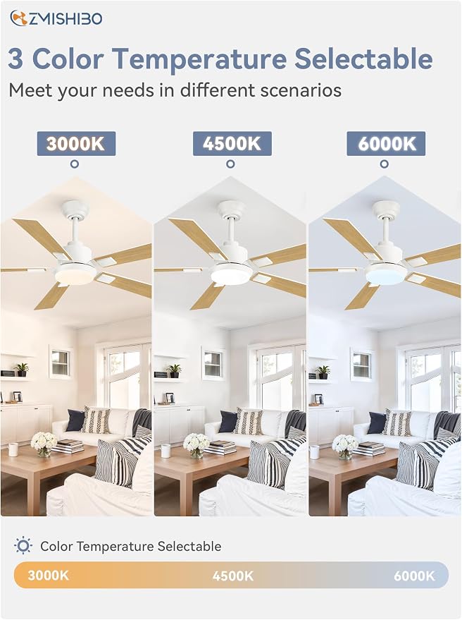 ZMISHIBO 52” Coastal Ceiling Fan with Light, Remote Control, White | High CFM Powerful Airflow, Quiet DC Motor, 3 CCT LED, Indoor/Covered Outdoor, Dual-Finish, Damp Rated