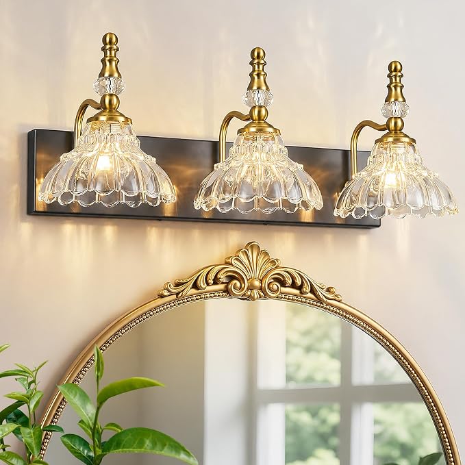 Vintage Bathroom Vanity Light, 3-Light Black Gold Vanity Lighting Fixture with Flower Glass Shade, Bathroom Lighting Fixtures Over Mirror