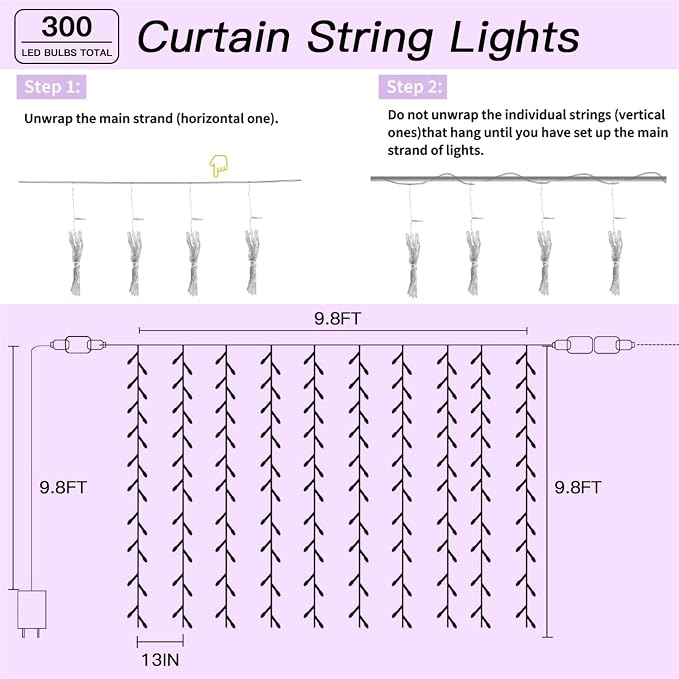 300 LED Multicolor Rainbow Curtain String Lights 9.8x9.8FT, Plug in Fairy Lights with 9 Hooks, Dimmable, Timer & 8 Modes, IP44 Waterproof, Bedroom Party Wedding Backdrop Christmas Outdoor Decor