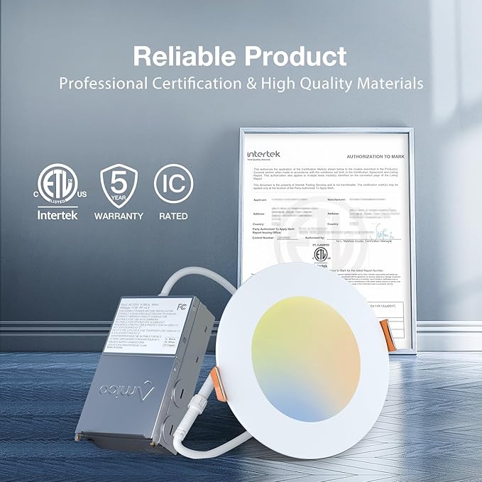 Amico 6 Pack 4 Inch 5CCT Ultra-Thin LED Recessed Ceiling Light with Junction Box, 2700K/3000K/3500K/4000K/5000K Selectable, 11W Eqv 70W 800LM Brightness Dimmable Canless Wafer Downlight, ETL & FCC