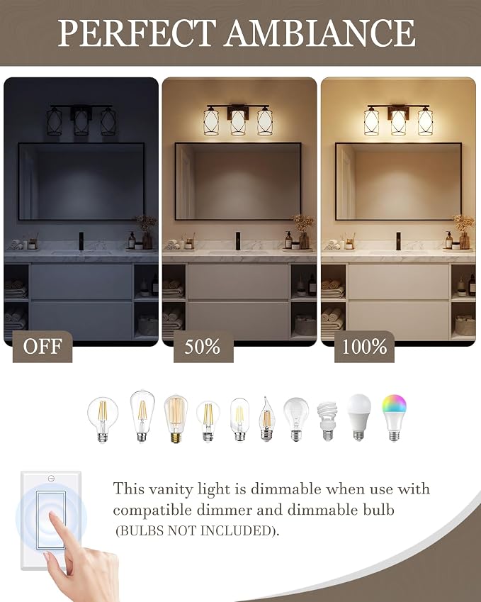 3-Light Oil Rubbed Bronze Bathroom Light Fixtures Over Mirror, 21" UL-Listed Modern Farmhouse Wall Sconce Lights with Milk White Frosted Glass and Metal Cage for Bath, E26, CH9176ORBW-3W