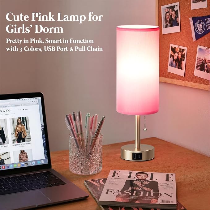 Pink Bedside Table Lamp for Bedroom - Small Nightstand Lamp for Girls | 3 Color Temp, USB A+C Ports, LED Bulb Included, Soft Pink Fabric Shade, Mocha Gold Metal Base, 14" Desk Lamp for Kids Dorm
