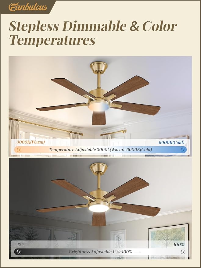 Fanbulous 42 Inch Black and Gold Ceiling Fan with Light, Remote & APP | Stepless CCT & Dimmable Light, 20W LED Ceiling Fan, 6 Speeds, Reversible Quiet DC Motor, for Bedroom, Living Room, Apartment