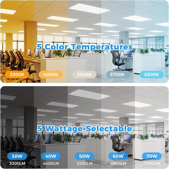 12PACK 2x4 LED Flat Panel Light, 7700 Lumens, 0-10V Dimmable, 30W/40W/50W/60W/70W Selectable, 3000K-6500K CCT Adjustable, 120-277V Recessed Drop Ceiling Light for Office, School, Commercial Use