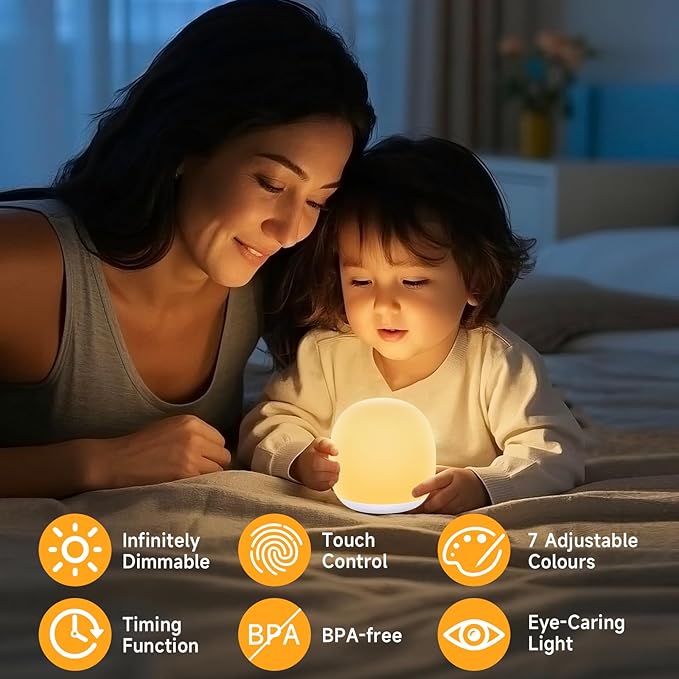 Night Light for Kids, Baby Egg Night Light with 7 Colors Changing Mode & Stepless Dimming, Soft Silicone Touch Nursery Night Lamp BPA Free, 1 Hour Timer, Rechargeable for Breastfeeding
