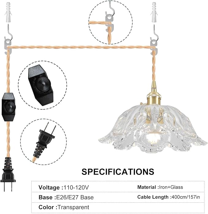 Plug in Pendant Light Fixtures,Hanging Light Fixture Transparent Glass Pendant Light 10.6in E26 Pendant Lighting for Kitchen Island, Bedroom, Dining Room, Living Room