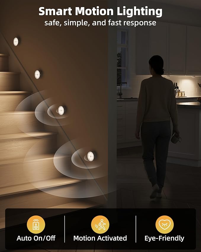 EZVALO 8 Pack Motion Sensor Closet Lights, 1200mAh Rechargeable Under Cabinet Lights, Night Lights, Puck Lights, Dimmable, 3 Color Temps, Magnetic, Stick on for Kitchen, Stairs, Closet