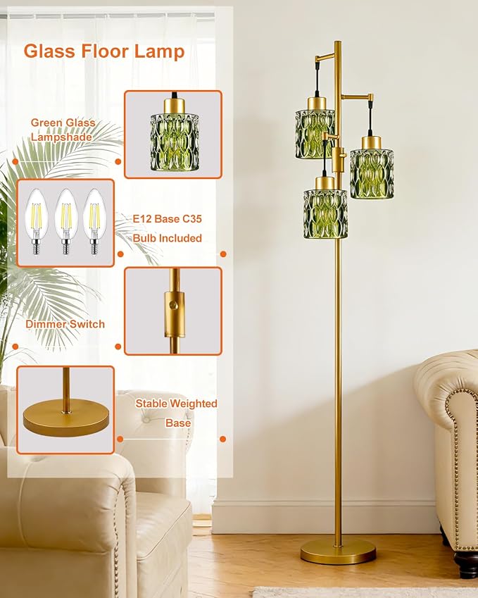 Lightdot 67" 3-Light Glass Floor Lamp for Living Room, Dimmable with Green Glass Shade & E12 Bulbs Included, Mid Century Standing Tall Lamp with 5Lbs Heavy Base for Bedroom/Sofa Beside/Corner - Gold