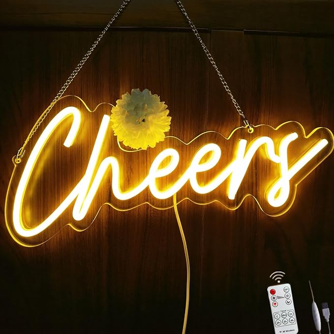 Upgraded Cheers Neon Sign with Timer Remote Control,5V USB Powered Cheers LED Signs for Home Pub,Birthday,Wedding,Bar Cart,Party 16.5 * 7in(Flash/Dimmable/Timmer)